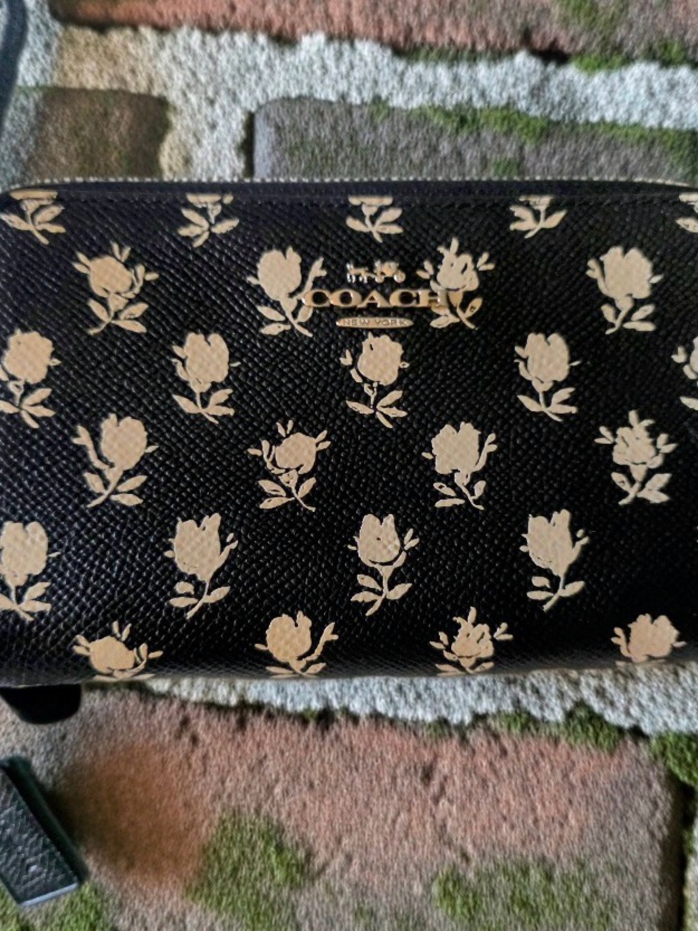 COACH Black Wallet with Beige Rose Print